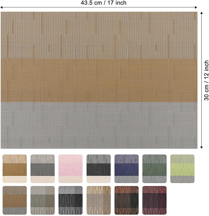 Placemats Set of 6, Vinyl Woven Heat-Resistant Place Mats | Washable Wipeable PVC Table Mats, Non Slip Placemat for Kitchen Dining Indoor Outdoor Table (Gray Light Brown, Set of 6)