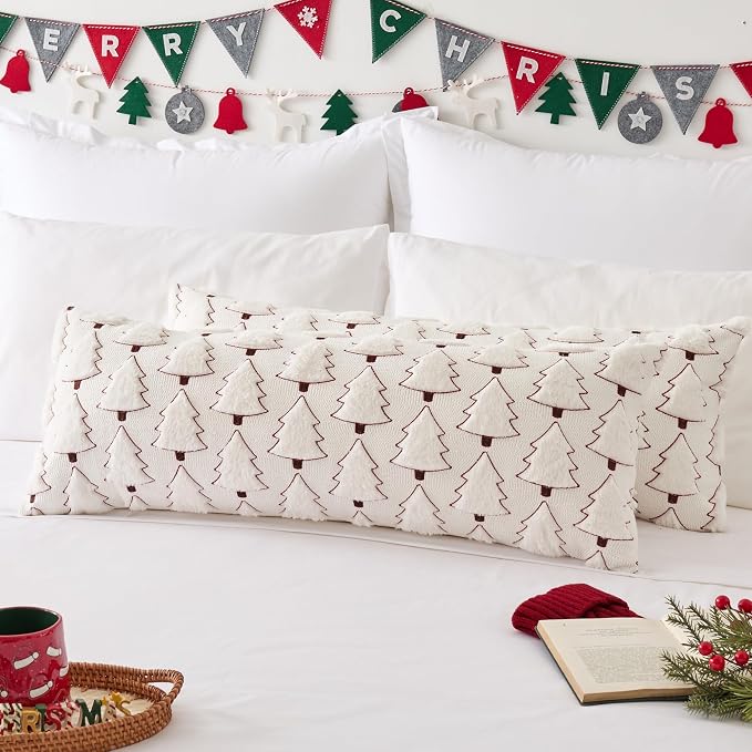 Kevin Textile Christmas Tree 14x36 Inch Long Lumbar 1 Pack Luxury Embroidery Soft Plush Faux Fur Rectangle Cushion Case for Couch Sofa Holiday Festivals Winter Xmas Gift, Cream White & Red