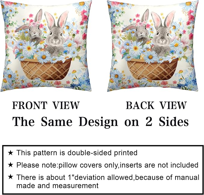 Easter Bunny Pillow Covers 22x22 Spring Rabbit Daisy Floral Throw Pillow Covers A Basket Filled with Lovely Bunny and Flowers Pillowcase Cushion Case for Sofa Patio Garden 2 Pack