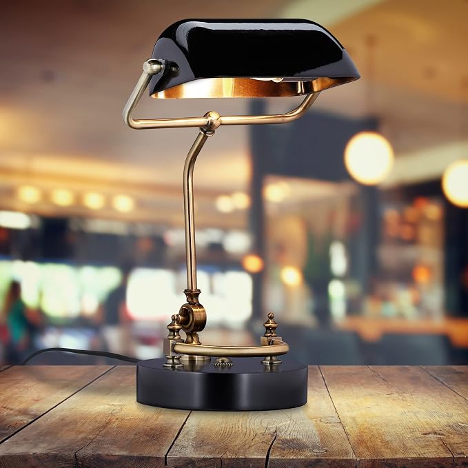 Relaxdays Vintage Table Lamp, Tilting Glass Lampshade, Wooden Base, E27, Library Desk, Black