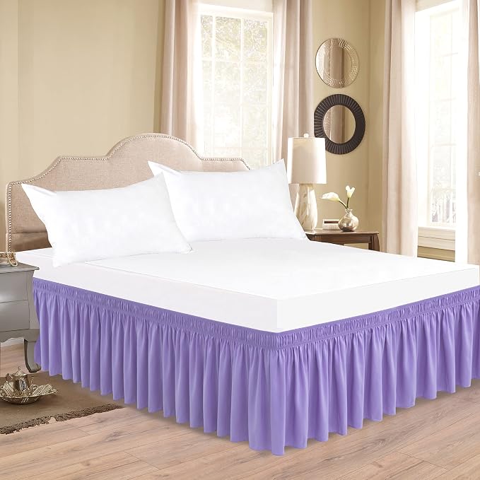 Wrap Around Bed Skirt King Size 15 Inch Drop-Elastic Dust Ruffle Lavender | Adjustable Pleated Bedskirt-Easy Fit Wrinkle Resistant Washable Hotel Quality Fabric Bed Skirting-Master Guest Bedroom Rental