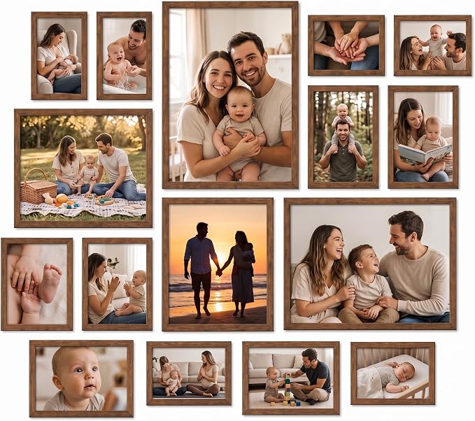 Giftgarden 16 Pack Brown Picture Frames for Multi Sizes Photos, Including Two 11x14, Two 8x10, Six 5x7, Six 4x6, Assorted Gallery Collage Frame Set for Wall or Tabletop Display, Fathers Day