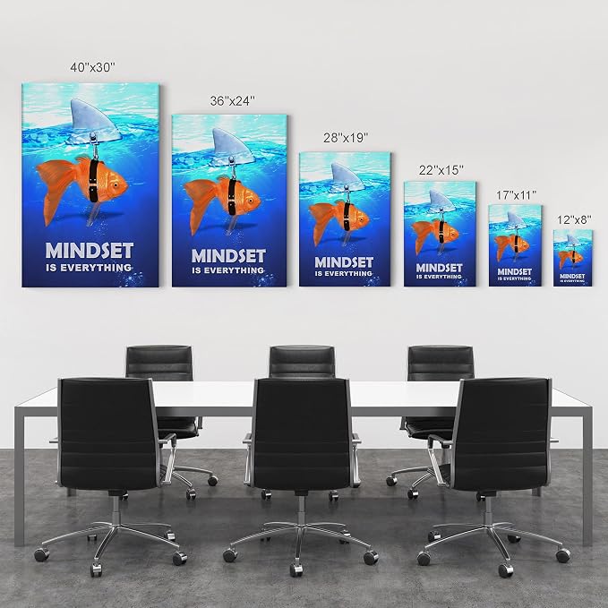 Smile Art Design Mindset is Everything Fish vs Shark in Ocean Motivational Wall Art Canvas Print Inspirational Wall Art Entrepreneur Quote Office Living Room Decor Gift Ready to Hang 28x19