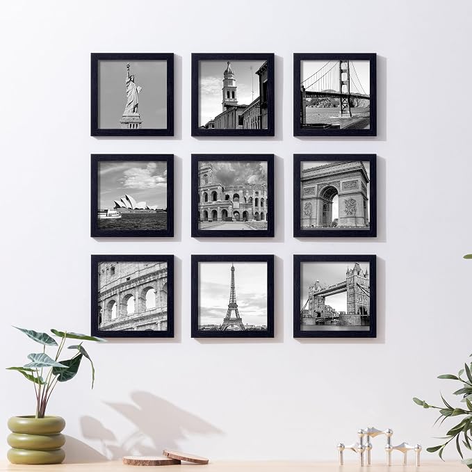 eletecpro Picture Frames Set of 9, 8x8 in, Acrylic Cover, Black | Display Photo 4x4 with Mat or 8x8 without, Square Gallery Collage, Wall Mount, Minimalist Home Decor, Engineered Wood