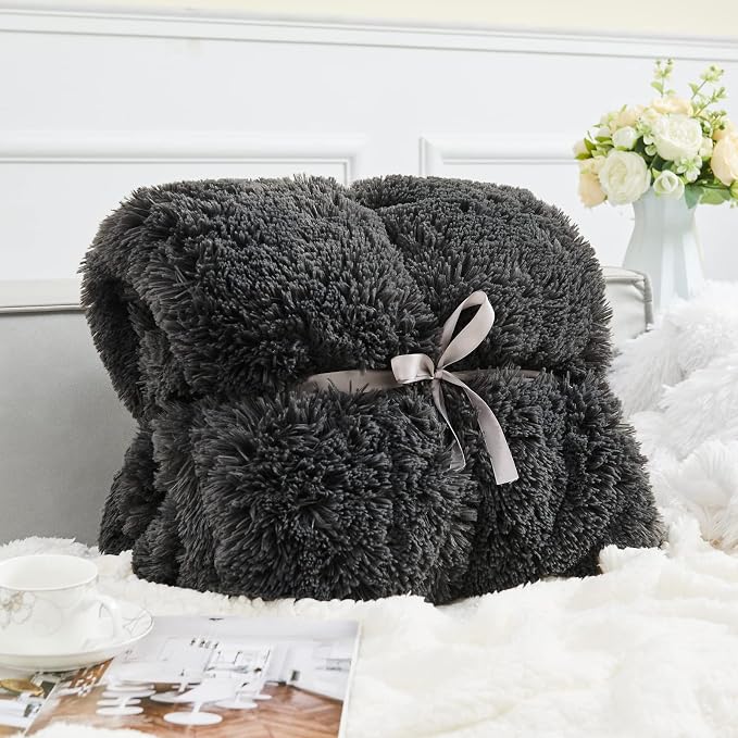 GONAAP Fuzzy Faux Fur Queen Blanket for Couch, Dark Grey, 90"x90" | Warm Cozy Plush Shaggy Decorative Reversible Thick Non-Heated Fleece Blanket for Sofa Bed, Gift for Women Men, All Season Use