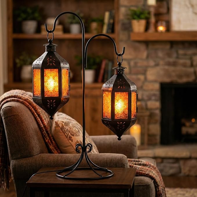 Vela Lanterns Hanging Moroccan Lamp - Exotic Decorative Patio & Porch Decor, Indoor Outdoor Tea Light Candle Lantern Holder with Chain (11" Medium, Amber/Orange Glass)