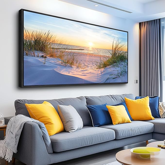 MHARTK66 Canvas Wall Art For Living Room Large Wall Decor For Office Bedroom Poster Art Prints Sun Seascape Wall Painting Blue Ocean Pictures Artwork For Walls Black Wood Framed 24" X 48"