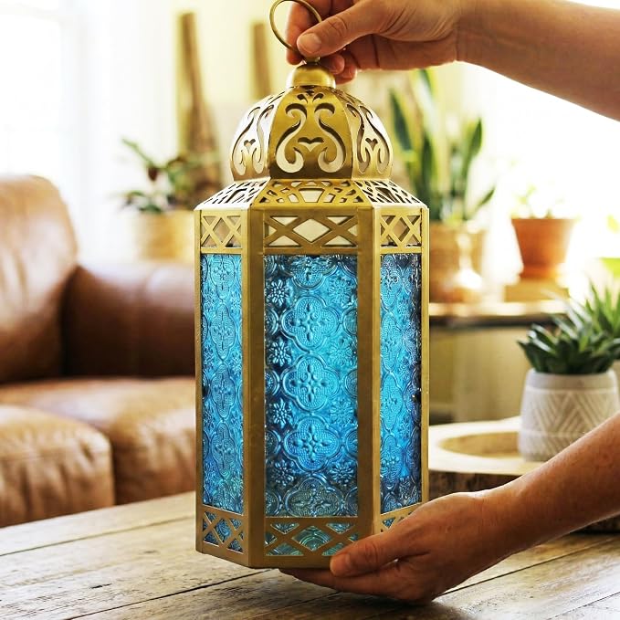 Vela Lanterns 12" Metal Moroccan Decorative Candle Lantern Holders for Hanging or Table, Indoor Home Decor, Outdoor Patio or Porch, Weddings, Gold, Blue Glass, Large