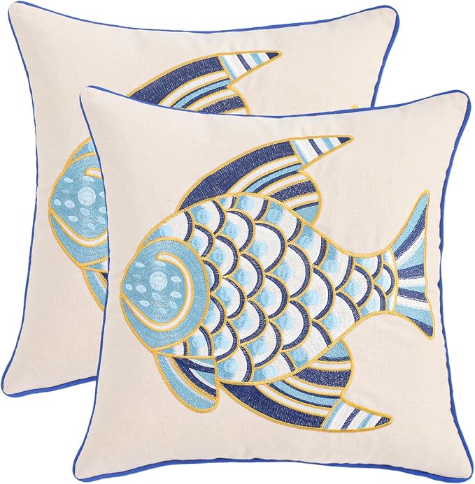 LUOYEHK Embroidered Pillow Covers 18x18 Set of 2 Summer Coastal Blue Fish Decorative Pillow Cases Ocean Themed Canvas Cushion Covers for Couch Sofa Bed Living Room