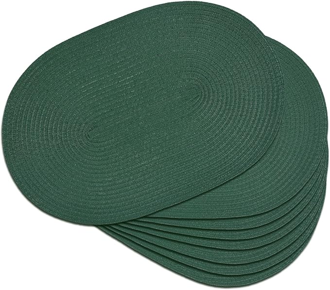 Placemats Set of 8, Woven Oval Braided Dining Table Mats(Sage Green) | 12 x 17.5 Inch Size Fits Plates and Flatware; Hand Washable and Heat Resistant for Kitchen Use, with Farmhouse and Boho Style