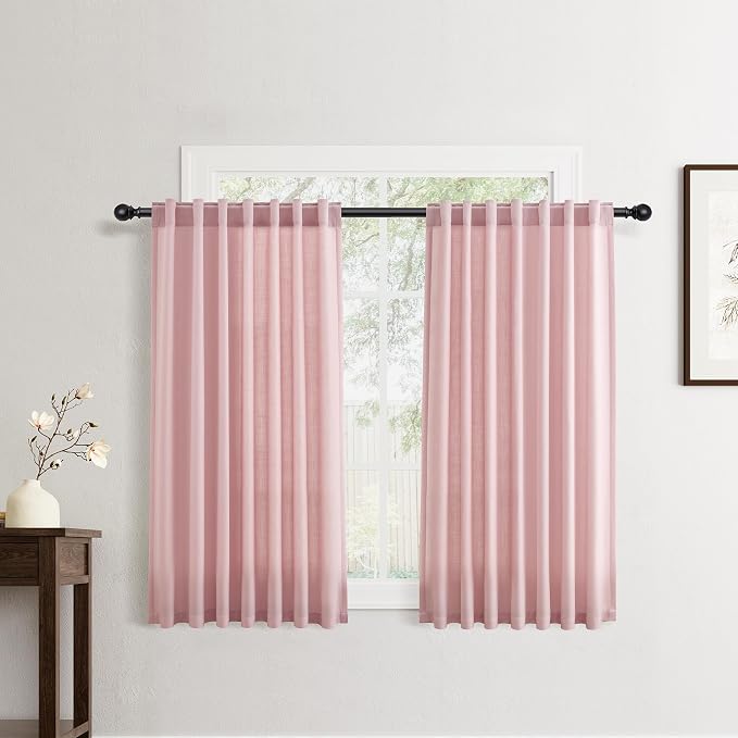 Jowels Pink Linen Curtains 48 Inch Long 2 Panels for Living Room | Light Filtering Semi Sheer Curtain, Back Tab Pocket Pleated Look, Boho Farmhouse Textured Privacy Drapes for Bedroom Window