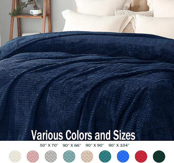 Exclusivo Mezcla Soft Fleece Blanket King Size, Cozy Lightweight Blankets with Decorative Wave Textured Suitable for All Season Use, Navy Blue, 90x104 Inches | 90"x104" Breathable Lightweight Flannel Blanket for Summer, Plush Cozy Jacquard Wave for Hom...