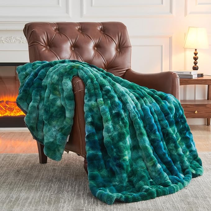 NEWCOSPLAY Faux Fur Bubble Throw Blanket for Couch, Tie-Dye Teal, 50"x60" | Fluffy Soft Thick Warm Bubble Blanket for Couch Sofa Bed 700GSM, Plush Cozy Luxury Decorative Throw, Gift for Women Men