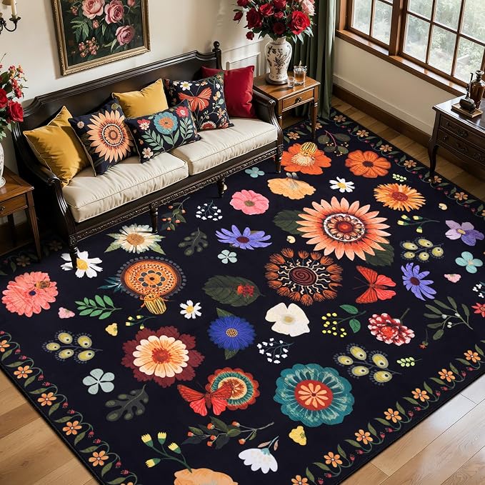 Ciicool 6x9 Washable Area Rugs for Living Room，Non-Slip Large Floral Rug | Boho Carpet for Bedroom Dining Room Farmhouse Nursery Home Office Playroom、Low Pile Carpets