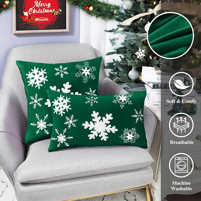 BRAWARM Christmas Pillow Cover 20 X 20 Inches, Christmas Green Snowflake Embroidered Pillow Cover, Soft Velvet Decorative Throw Pillow for Couch Bed Sofa Living Room Home