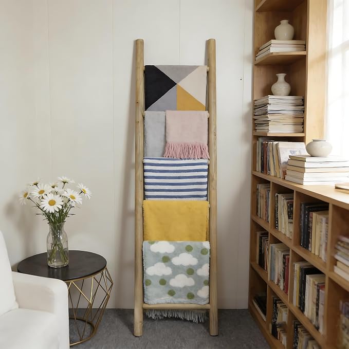 Wooden Blanket Ladder - 76in Natural & Motley Wood - Leaning Wall Decor for Bedroom, Bathroom, Living Room - Rustic Quilt Holder & Towel Rack (Brown, 76in | Pre Assembled)