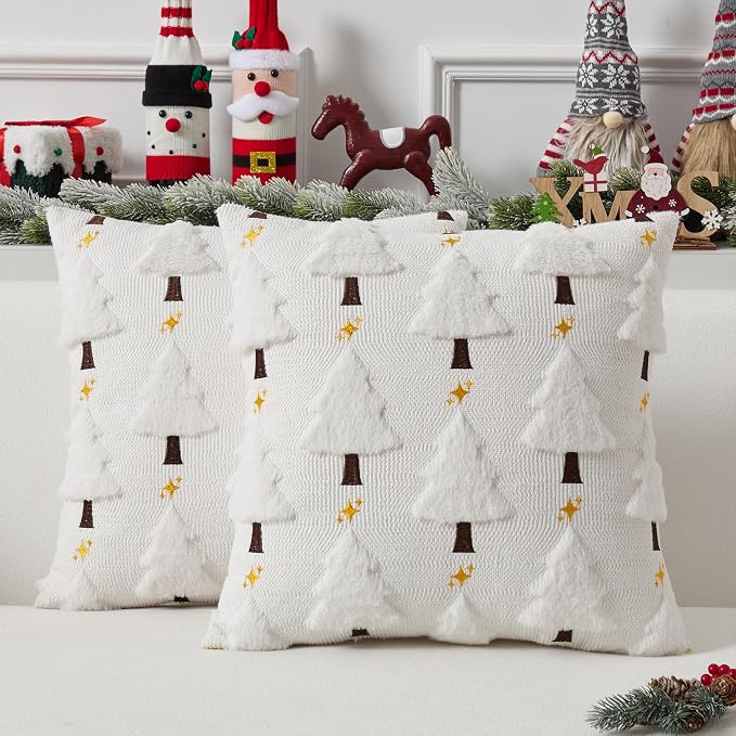 UGASA Star Christmas Decorative Pillow Covers 18x18 Inch Set of 2 Soft Plush Faux Fur Jacquard Throw Pillows Pillowcases for Couch Sofa Holiday Festivals Winter Home Decor, Cream