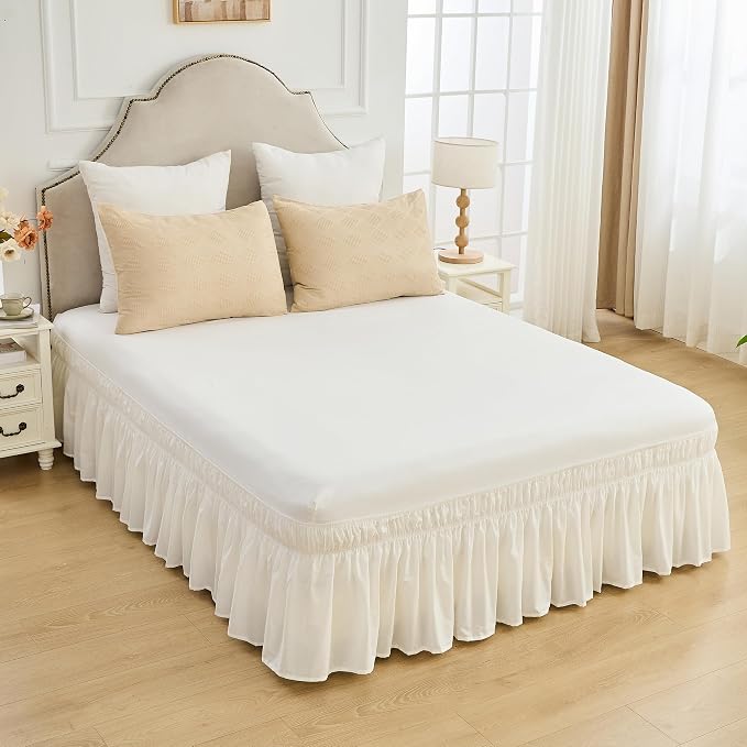 BISELINA Wrap Around Bed Skirts 17" Drop, Cotton Adjustable Elastic Dust Ruffles Easy Fit Wrinkle & Fade Resistant Soft Cozy Elegant Luxurious Bedding - White, Queen Size