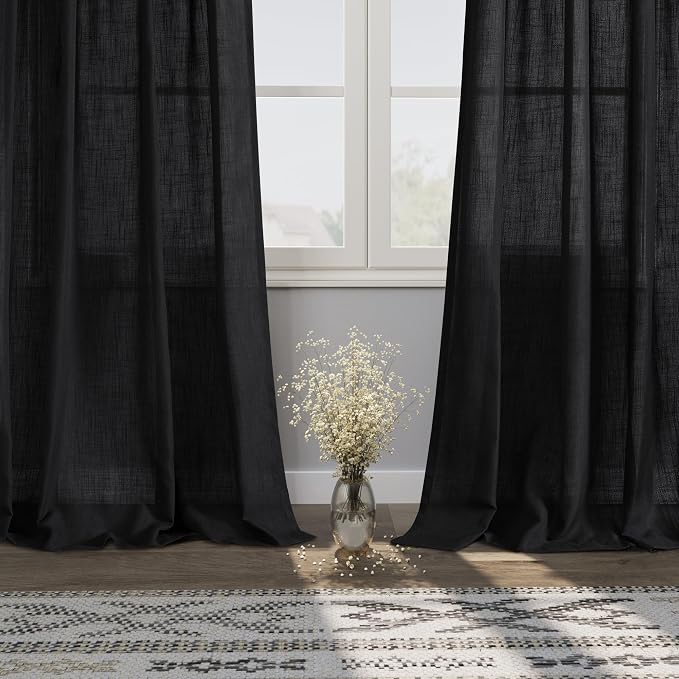 Black Semi Sheer Linen Curtains 84 inch Length for Living Room Back Tab Rod Pocket Modern Farmhouse Coastal Decor Black Cotton Textured Gauze Curtains for Dining Room Office 38x84