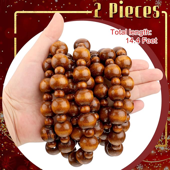 Yinder 2 Pcs/ 14.4 Feet Christmas Wooden Beads Garland, Coffee