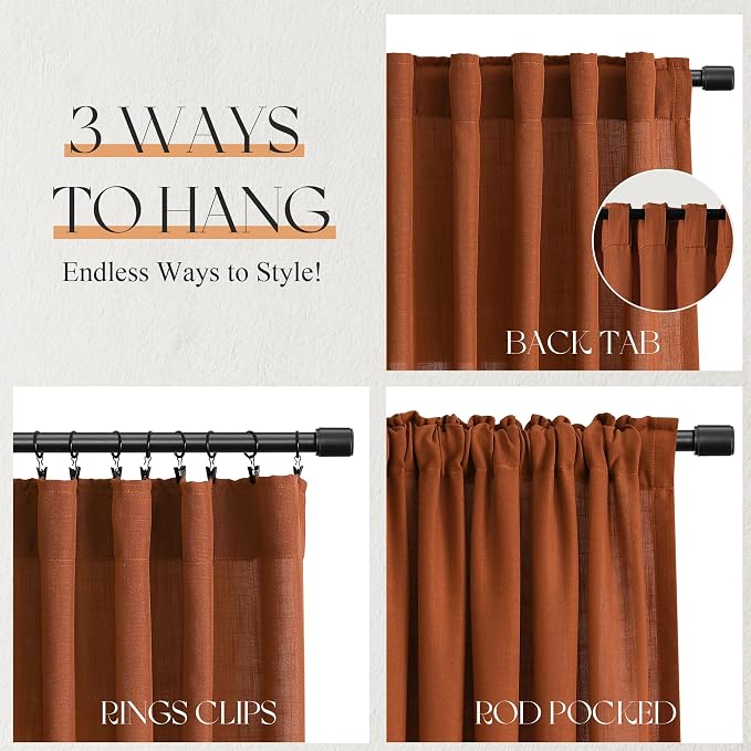 Jowels Terracotta Linen Curtains 45 Inch Long 2 Panels for Living Room | Burnt Orange Light Filtering Semi Sheer Curtain,Back Tab Pocket Pleated Look,Boho Textured Privacy Drapes for Bedroom Window