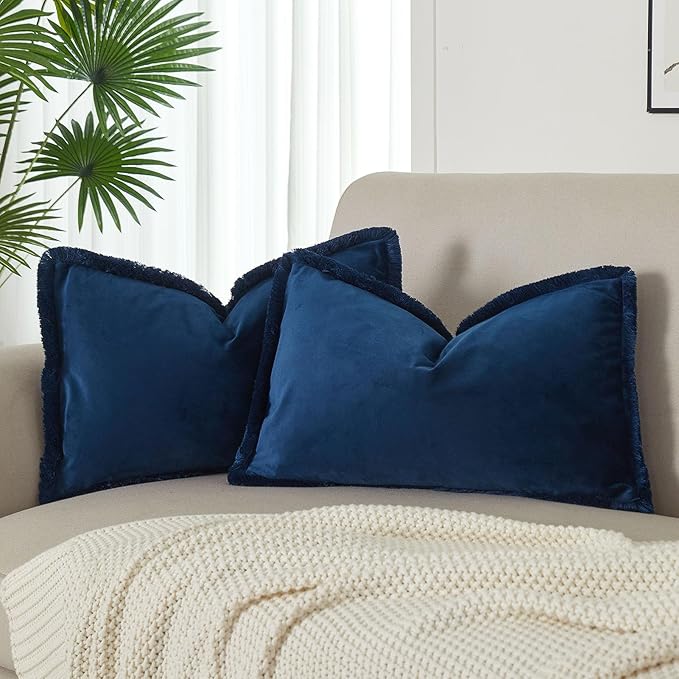 JUSPURBET Navy Decorative Velvet Fringe Throw Pillow Covers 16x24 Set of 2 Boho Soft Cushion Case for Home Decor Living Room Couch Sofa Bed