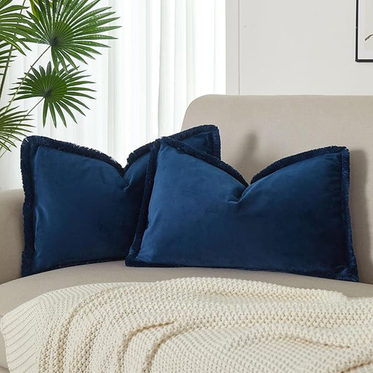 JUSPURBET Navy Decorative Velvet Fringe Throw Pillow Covers 16x24 Set of 2 Boho Soft Cushion Case for Home Decor Living Room Couch Sofa Bed