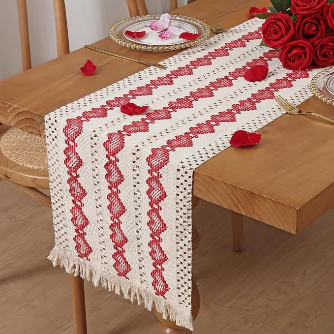 Macrame Table Runner Beige and Red Heart Boho Runners with Tassels 12x71in | Alynsehom Hand Woven Cotton Table Runner Rustic Farmhouse Table Runners for Valentine's Day Bohemian Kitchen Dining Table