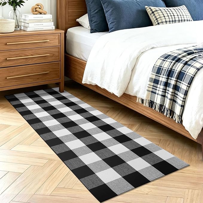KOZYFLY Buffalo Plaid Rugs 2x6 Ft Runner Rug for Hallway, Black and White | Washable Kitchen Runner Rug, Woven Cotton Entryway Runner, Checkered Carpet Runners for Bedroom Living Room Farmhouse