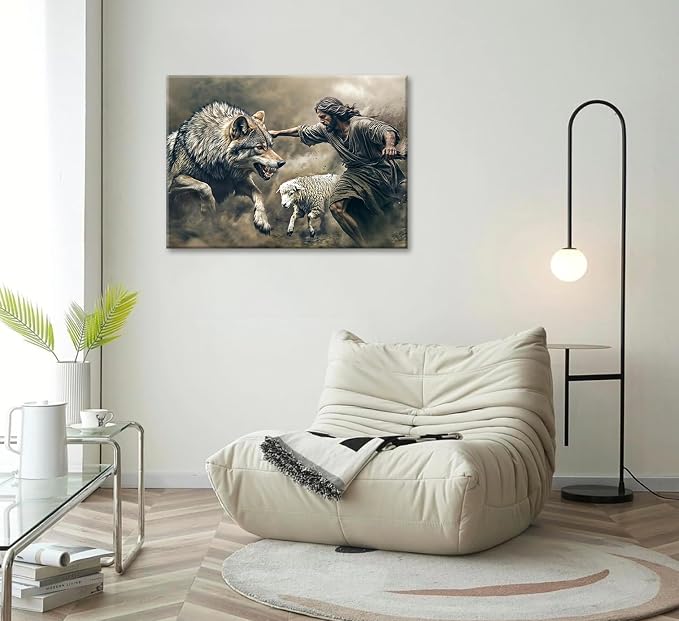 Jesus Saves the Lost Lamb Canvas Wall Art Jesus Lamb Wolf Painting Picture Wall Decor The Shepherd's Protection Wolf Poster Print Artwork Christ Art for Living Room Bedroom Church Home Decoration