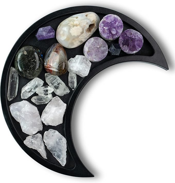 Black Moon Crystal Display Tray - Gothic Wooden Altar Tray 10.5" x 5" for Crystals and Stones Storage - Solid Wood Jewelry Organizer Dish - Spiritual Decor