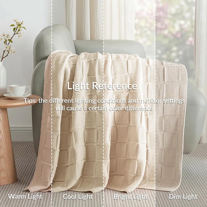 Whale Flotilla Checkered Knit Throw Blanket for Couch, Camel | Soft Decorative Knitted Blankets for Couch Sofa Bed, Lightweight Cozy Throws for Spring Summer, 50x60 Inch
