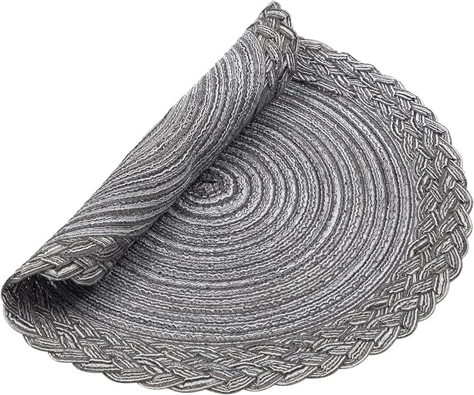 SHACOS Round Placemats Set of 4 Boho Braided Border 15 inch Circle Place Mats Washable Fabric Table Mats for Kitchen Dining Table, Gray (Pack of 2)