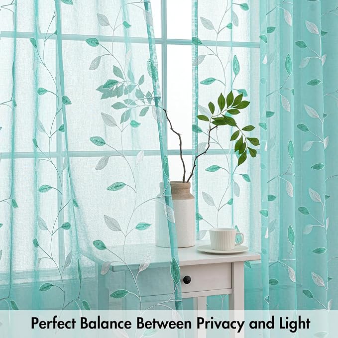 MIULEE Turquoise Sheer Curtains 2 Panels Leaf Patterned, W52 x L63 | Embroidered Floral Semi Sheer,Rod Pocket,Faux Linen,Short Window Curtains Drapes Set for Kitchen/Bathroom/Cafe