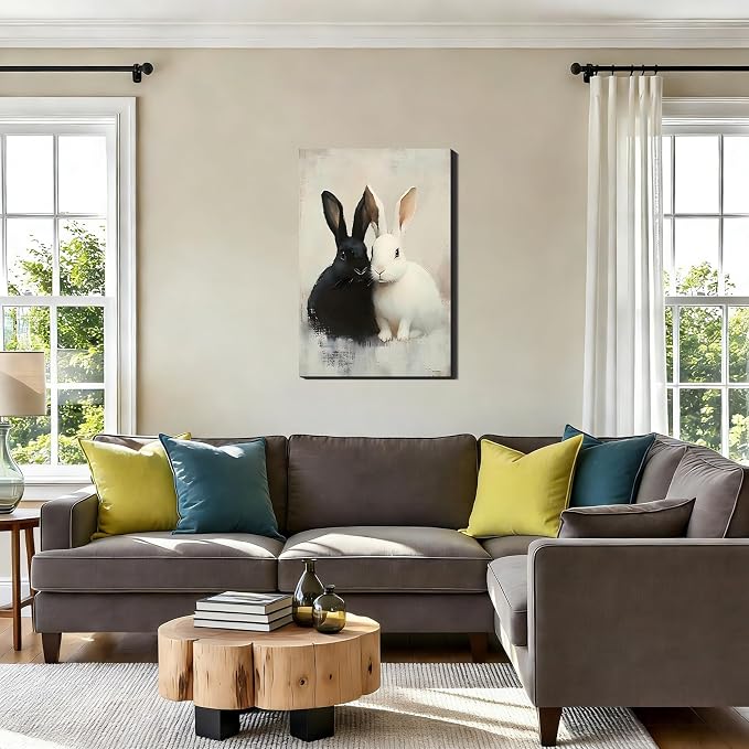 Black and White Easter Bunny Framed Canvas Art, Minimal Spring Easter Prints Pictures Wall Decor for Office, Rabbit Wall Art & Workspace Holiday Home Wall Decoration, 24x36 In