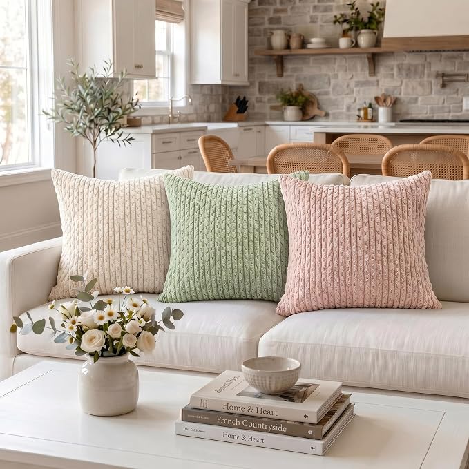 Fancy Homi 2 Packs Sage Green Decorative Throw Pillow Covers 24x24 Inch for Couch Bed Sofa, Modern Farmhouse Boho Home Decor, Soft Cute Plush Corduroy Cushion Case 60x60 CM