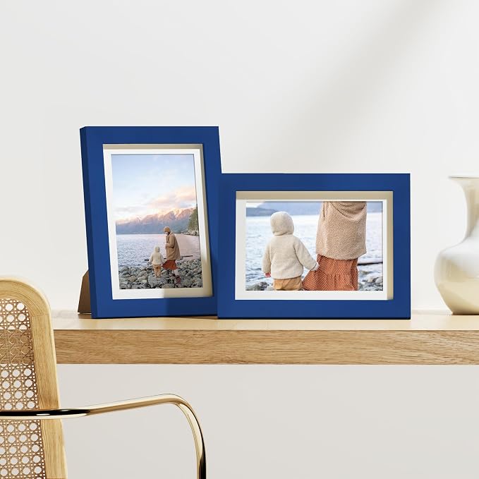 Vittanly 5x7 Picture Frames Set of 9 for Wall or Tabletop Display, Blue | Display Pictures 4x6 with Mat or 5x7 without Mat, Small Photo Frames, Engineered Wood with Shatter Resistant Plexiglass