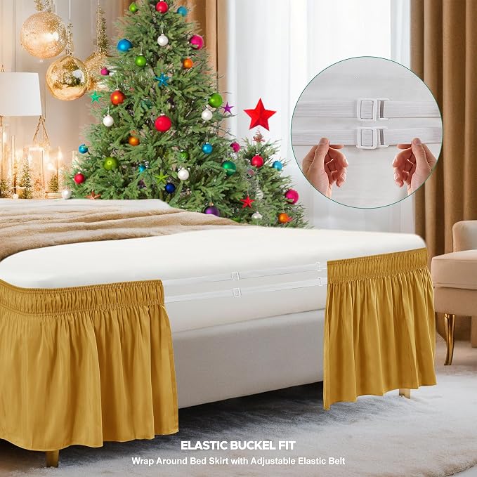 Wrap Around Bed Skirt King Size 15 Inch Drop-Elastic Dust Ruffle Gold | Adjustable Pleated Bedskirt-Easy Fit Wrinkle Resistant Washable Hotel Quality Fabric Bed Skirting-Master Guest Bedroom Rental