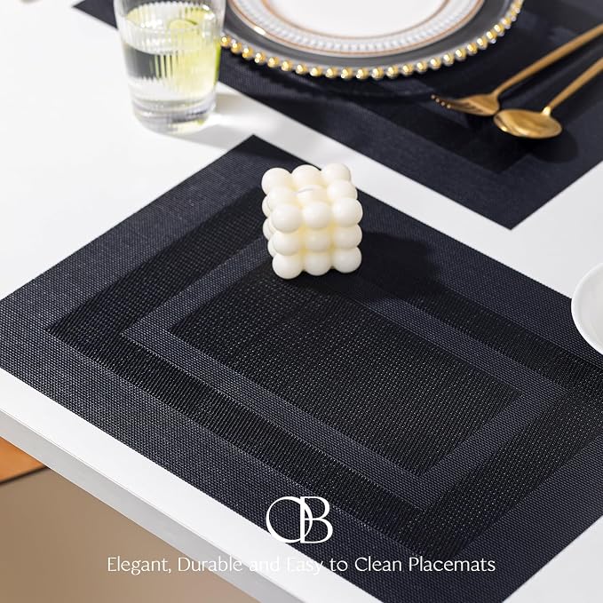 Placemats Set of 8 - Easy Clean Woven Vinyl Placemats for Dining Table, Indoor/Outdoor Place Mats, Washable PVC Table Mats（Black Cube）