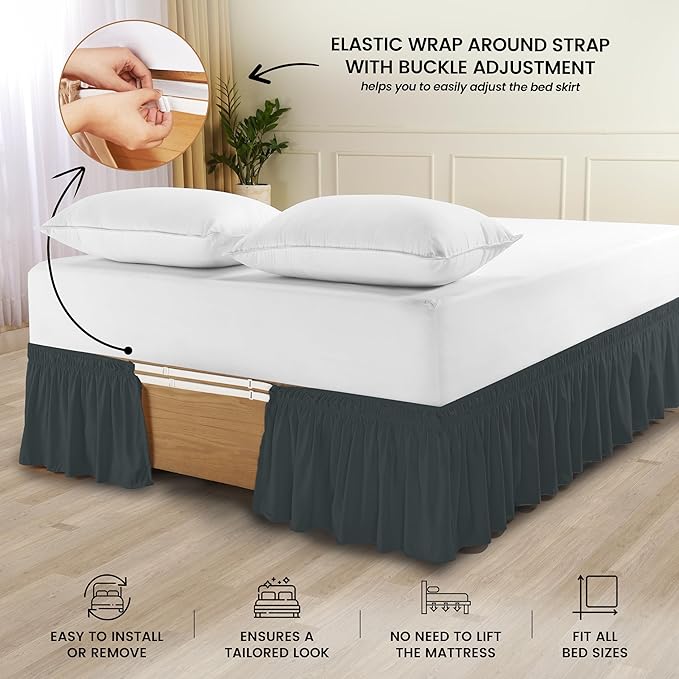 Utopia Bedding Full Elastic Bed Ruffle - Easy Wrap Around Ruffle - Microfiber Bed Skirt with Adjustable Elastic Belt 16 Inch Tailored Drop - Hotel Quality Bedskirt, Fade Resistant (Full, Grey) | No Mattress Lifting, Stay-Put Design, Adjustable Buckle &...