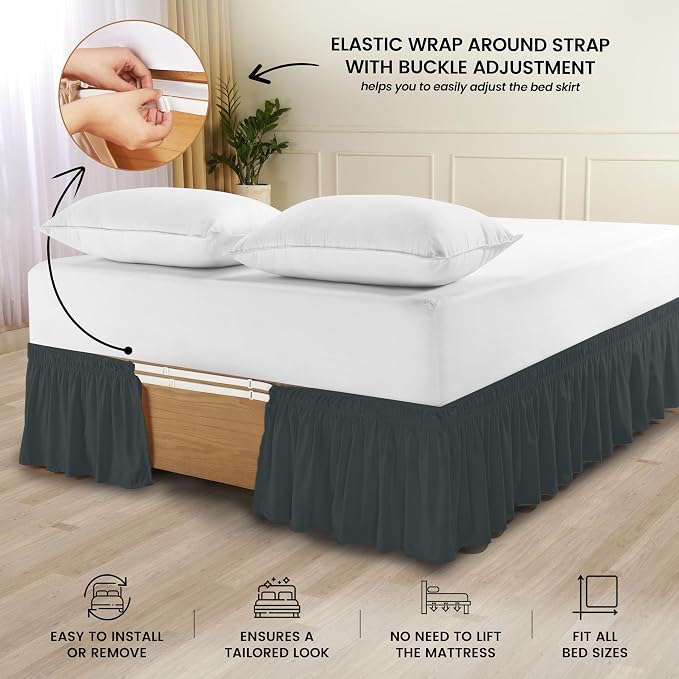 Wrap Around Twin Bed Skirt, Easy Fit Elastic Belt, 16 Inch Drop, Grey | No Mattress Lifting, Stay-Put Design, Adjustable Buckle & Elastic Belt, Wrinkle & Fade Resistant, Brushed Microfiber