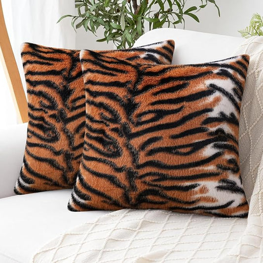 cygnus Faux Fur Tiger Pillow Covers 20x20 inch | Fluffy Fuzzy Decorative Square Faux Fur Throw Pillow Covers for Couch Sofa Living Room Bedroom