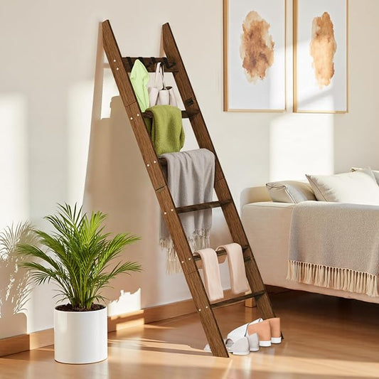 6-Tier Blanket Ladder for Living Room 5.6FT Pine Wood Quilt Rack Shelf | 4 Anti-Slip Straps and 4 Removable Hooks, Lightweight hinged design, easy assembly, freestanding, space-saving storage