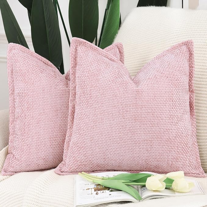MADIZZ Decorative Chenille Velvet Throw Pillow Covers Set of 2 Soft Boho Textured Neutral Couch Throw Pillow for Bed Modern Farmhouse Home Decor for Sofa Livingroom Pink 16x16 Inch