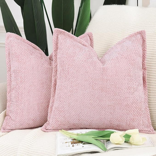 MADIZZ Decorative Chenille Velvet Throw Pillow Covers Set of 2 Soft Boho Textured Neutral Couch Throw Pillow for Bed Modern Farmhouse Home Decor for Sofa Livingroom Pink 16x16 Inch