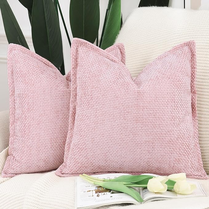 MADIZZ Decorative Chenille Velvet Throw Pillow Covers Set of 2 Soft Boho Textured Neutral Couch Throw Pillow for Bed Modern Farmhouse Home Decor for Sofa Livingroom Pink 20x20 Inch
