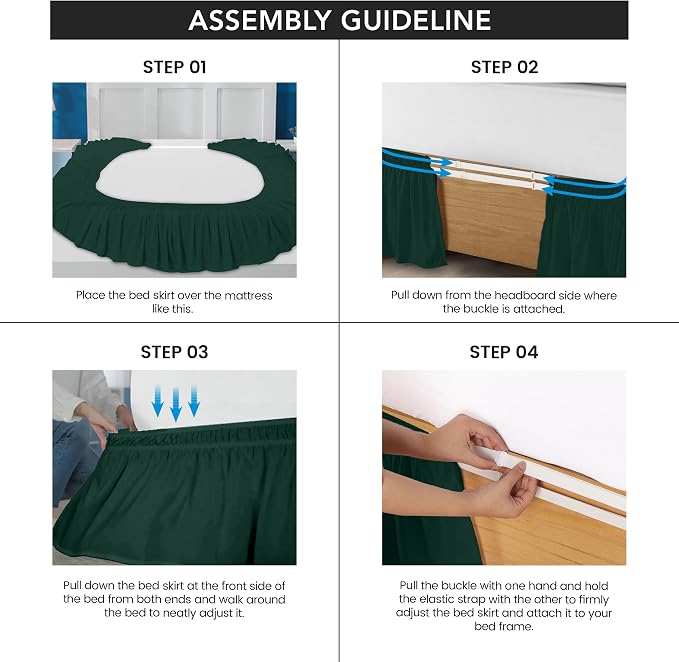 Wrap Around Queen Bed Skirt, Easy Fit Elastic Belt, 16 Inch Drop, Emerald | No Mattress Lifting, Stay-Put Design, Adjustable Buckle & Elastic Belt, Wrinkle & Fade Resistant, Brushed Microfiber