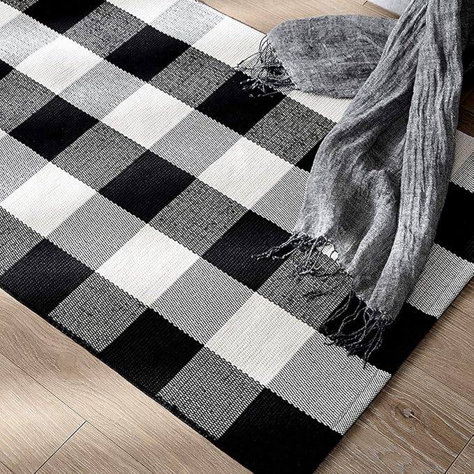 LEVINIS Cotton Washable Rugs Large Black and White Plaid Rug for Living Room/Bedroom, 90''x67''