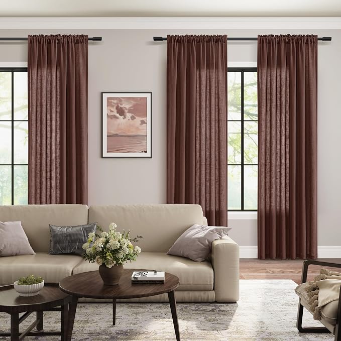 Rustic Brown Linen Curtains 96 Inches Long 2 Panel Set Rod Pocket Semi Sheer Dining Room Cozy Bedroom Decor Cotton Look Country Rustic Farmhouse Boho Curtains 52x96