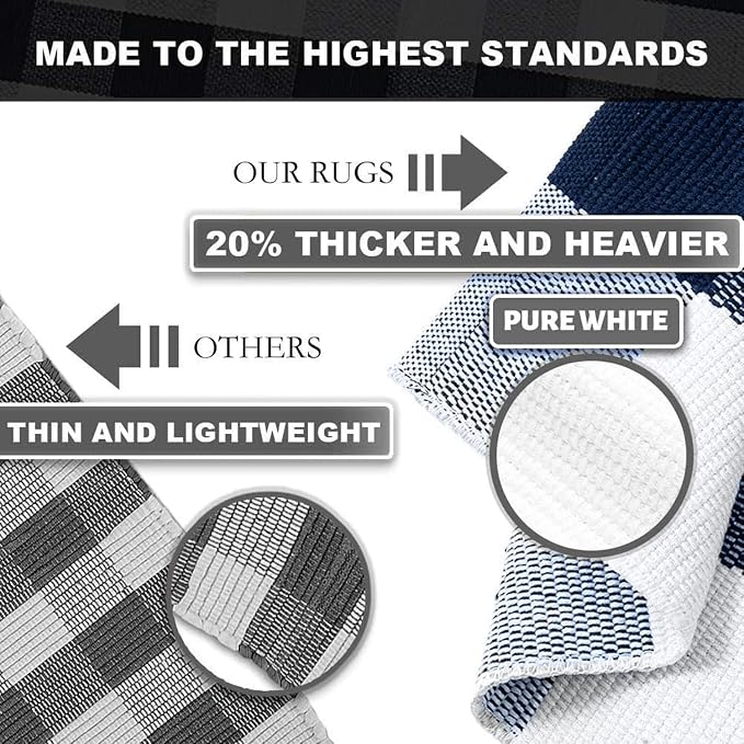 KILOCOCO Buffalo Plaid Checkered Rug 4x6 ft Blue and White Front Door Rug | Machine Washable Front Porch Rug, Outdoor Rugs, Indoor Living Room Rug, Cotton Low Pile Rugs for Kitchen Patio Dining Room